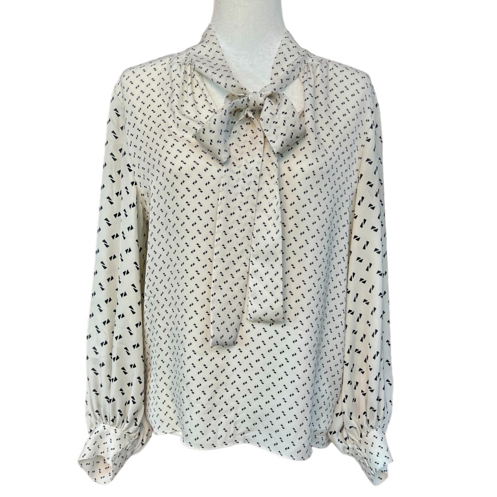 Theory 100% Silk Tie V-neck Blouse, Black and Cream Pattern, Size S